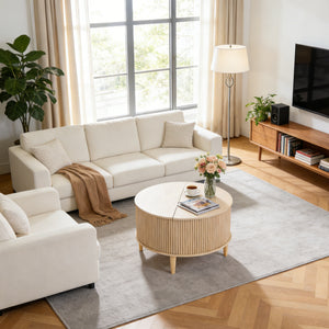 CONCETTA Round Flip-Top Coffee Table with Storage, Modern Farmhouse Style Center Table for Living Room, Natural Wood, Brown