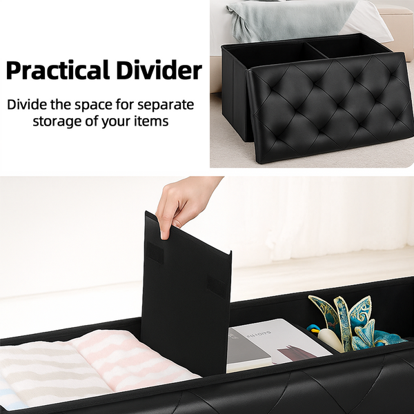 30" Storage Ottoman – Foldable Faux Leather Stool with Storage, 660 lb Capacity, for Bedroom, Living Room, Entryway, Black