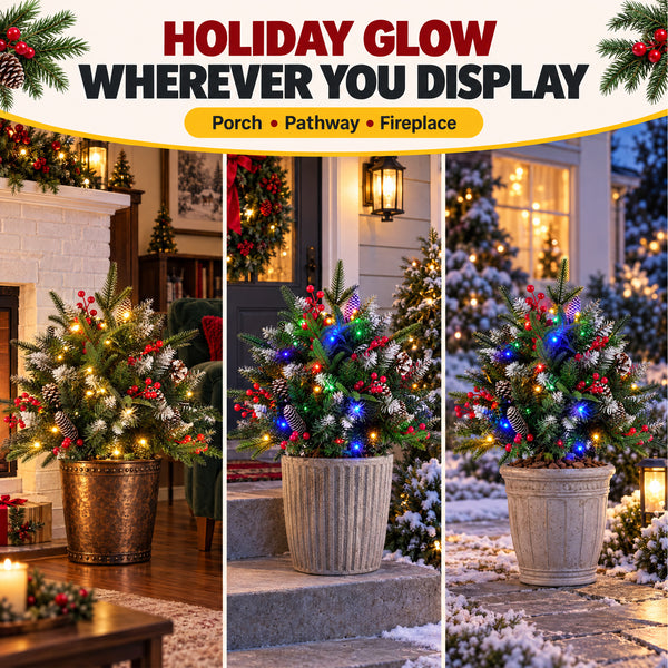 SHOUFTW Pre-Lit Frosted Artificial Christmas Urn Filler, Small Xmas Tree with 50 Warm Lights, Pine Cones & Red Berries for Indoor Outdoor Holiday Decor