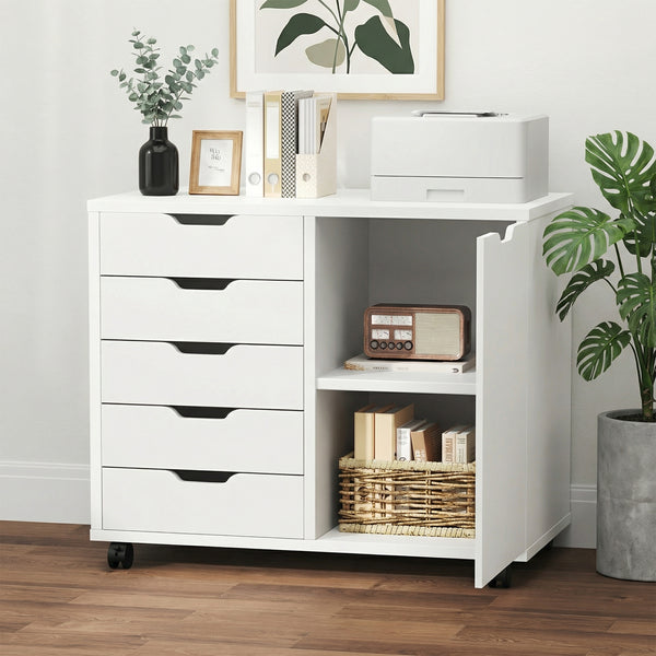 CONCETTA 5-Drawer Wood Storage Cabinet for Office & Home, Mobile Lateral Filing Cabinet, Printer Stand Cabinet with Adjustable Shelf, Wheels with Breaker