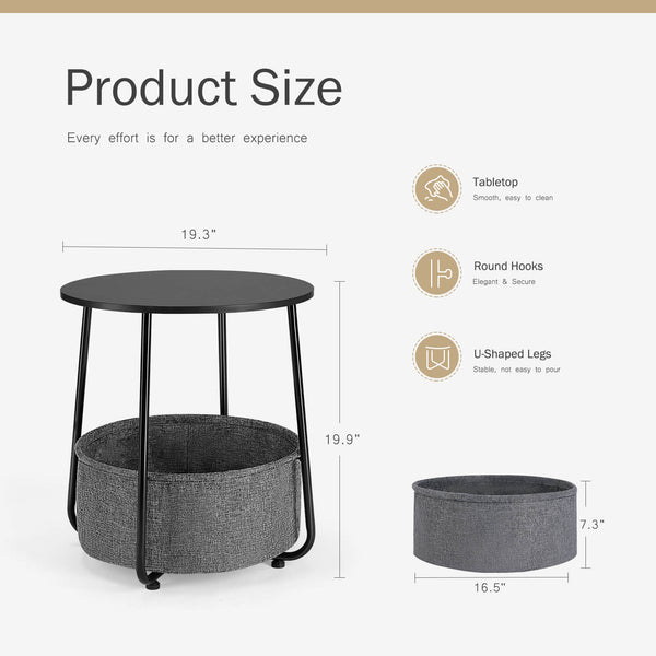 CONCETTA Compact nightstand, sofa side table, can be used in living room, nursery room, bedroom, comes with fabric basket for easy storage