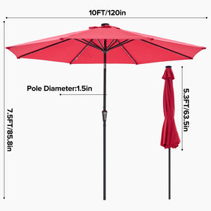 SHOUFTW 10FT Outdoor Patio Umbrella with Solar LED Lights, Push-Button Tilt Market Umbrella, Weather-Resistant 8-Rib Sun Shade for Patio, Garden, Backyard, Deck or Poolside