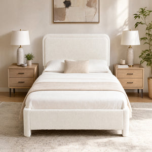 CONCETTA Bed Frame with Boucle Upholstery, Modern Platform Bed with Headboard, Soft Rounded Corners, No Box Spring Needed, Easy Assembly, White