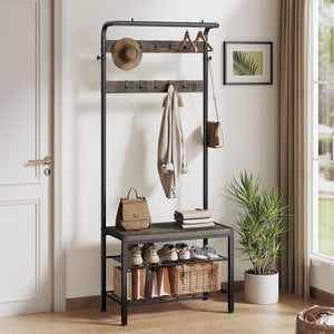 CONCETTA 4-in-1 Coat Rack Hall Tree with Shoe Bench, Shoe Storage, Removable Hooks, Hanging Rod, 13.3 x 28.3 x 72.1 Inches