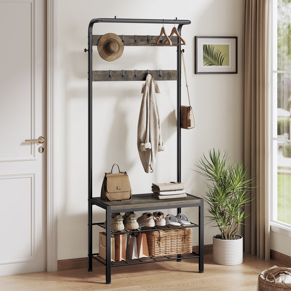 CONCETTA 4-in-1 Coat Rack Hall Tree with Shoe Bench, Shoe Storage, Removable Hooks, Hanging Rod, 13.3 x 28.3 x 72.1 Inches