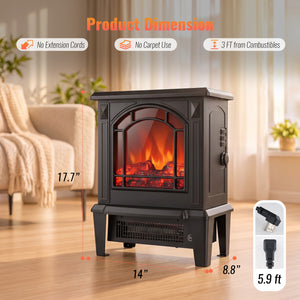 SHOUFTW 18" Freestanding Electric Fireplace Stove, 1400W Space Heater with 3D Realistic Flame, Indoor Fireplace for Bedroom, Living Room, Office, Black
