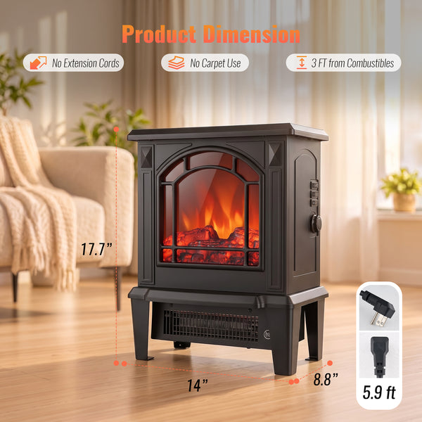 SHOUFTW 18" Freestanding Electric Fireplace Stove, 1400W Space Heater with 3D Realistic Flame, Indoor Fireplace for Bedroom, Living Room, Office, Black