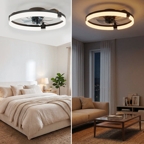 SHOUFTW Ceiling Fan, Caged Ceiling Fans with Lights, Farmhouse Low Profile Fandelier with Remote, Flush Mount for Bedroom, Living Room, Kitchen, 6 Wind Speeds