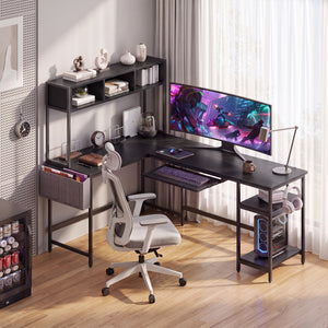 CONCETTA 67" Modern L-Shaped Gaming Desk with LED Lights and Power Outlets, Computer Desk with Drawer, Keyboard Tray for Monitors