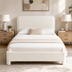 CONCETTA Bed Frame with Boucle Upholstery, Modern Platform Bed with Headboard, Soft Rounded Corners, No Box Spring Needed, Easy Assembly, White