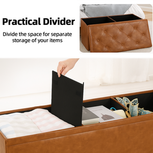CONCETTA 43" Storage Ottoman Bench, Foldable Storage Chest, End of Bed Foot Stool with Padded Seat, Bedroom Bench, Support 660lbs, PVC Brown