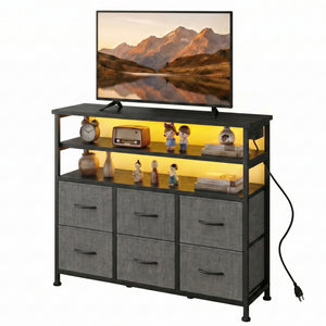 CONCETTA TV Stand for 45 Inch TV, 6-Drawer Dresser with 3-Tier Open Shelves, LED Lights, Charging Station, Wood Top Entertainment Center for Bedroom, Living Room, Hallway