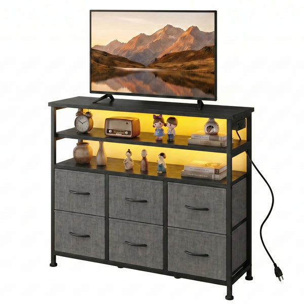 CONCETTA TV Stand for 45 Inch TV, 6-Drawer Dresser with 3-Tier Open Shelves, LED Lights, Charging Station, Wood Top Entertainment Center for Bedroom, Living Room, Hallway