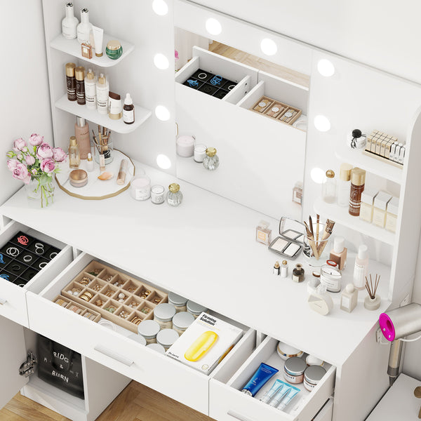 CONCETTA Modern Adult Vanity Desk 1 Piece with Mirror, Power Outlet and Lights, White Table Set