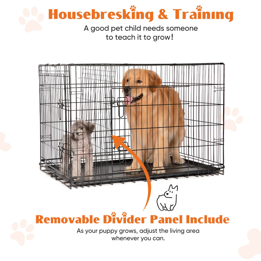 CONCETTA Dog Crate-24/30/36/42/48 inch, Double Door Dog Cage with Divider Panel and Plastic Leak-Proof Pan Tray, foldable, easy to carry, suitable for indoor, outdoor, travel use.