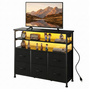 CONCETTA TV Stand for 45 Inch TV, 6-Drawer Dresser with 3-Tier Open Shelves, LED Lights, Charging Station, Wood Top Entertainment Center for Bedroom, Living Room, Hallway