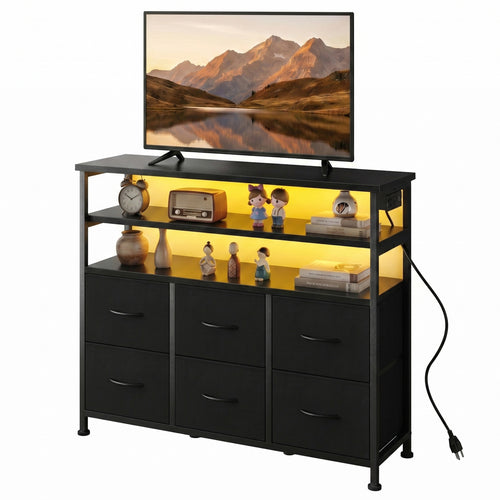 CONCETTA TV Stand for 45 Inch TV, 6-Drawer Dresser with 3-Tier Open Shelves, LED Lights, Charging Station, Wood Top Entertainment Center for Bedroom, Living Room, Hallway