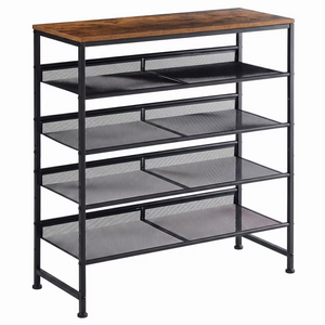 CONCETTA 5-Tier Adjustable Shelf Shoe Rack, Fine Mesh Metal Shelves & Wooden Top, Freestanding Organizer for Entryway