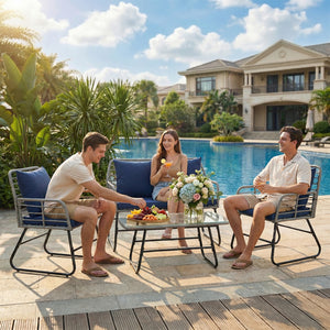 CONCETTA 3 Piece Outdoor Patio Furniture Set, Wicker Bistro Chairs with Glass Top Table for Apartment Balcony, Small Backyard, Porch and Deck