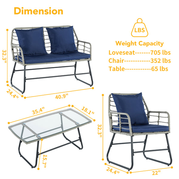 CONCETTA 3 Piece Outdoor Patio Furniture Set, Wicker Bistro Chairs with Glass Top Table for Apartment Balcony, Small Backyard, Porch and Deck