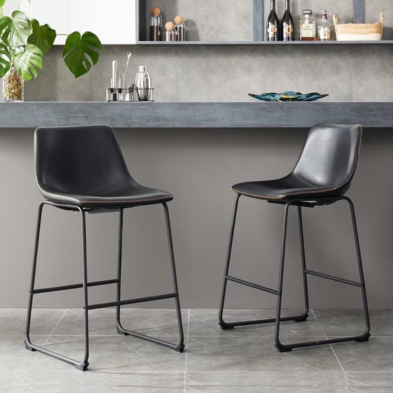 CONCETTA Bar Stools Set of 2, Counter Height Bar Stools, 26 Inch Armless Industrial Faux Leather Barstools with Metal Legs and Footrest for Home Office Kitchen