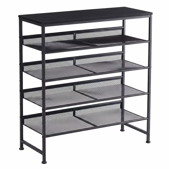 CONCETTA 5-Tier Adjustable Shelf Shoe Rack, Fine Mesh Metal Shelves & Wooden Top, Freestanding Organizer for Entryway