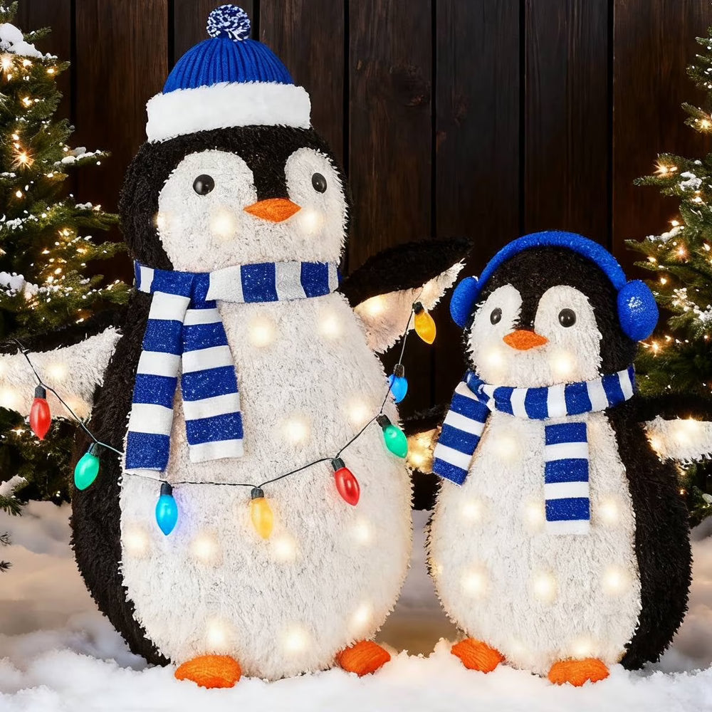 CONCETTA 2-Piece Lighted Penguin Family, 3ft Pop-Up Outdoor Christmas Holiday Decoration w/ 150 LED Lights, Multicolored Lights