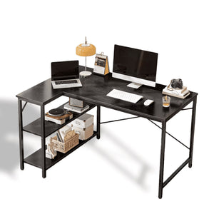 CONCETTA L Shaped Computer Desk with Reversible Storage Shelves, Corner Gaming Desk with PC Stand, Home Office Writing Study Table, Sturdy Metal Frame