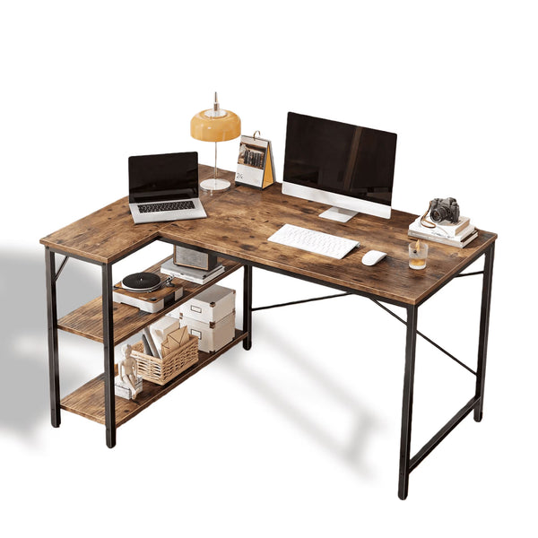CONCETTA L Shaped Computer Desk with Reversible Storage Shelves, Corner Gaming Desk with PC Stand, Home Office Writing Study Table, Sturdy Metal Frame