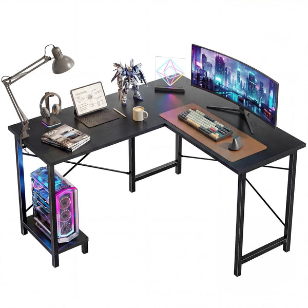 CONCETTA L Shaped Computer Desk with Reversible Storage Shelves, Corner Gaming Desk with PC Stand, Home Office Writing Study Table, Sturdy Metal Frame