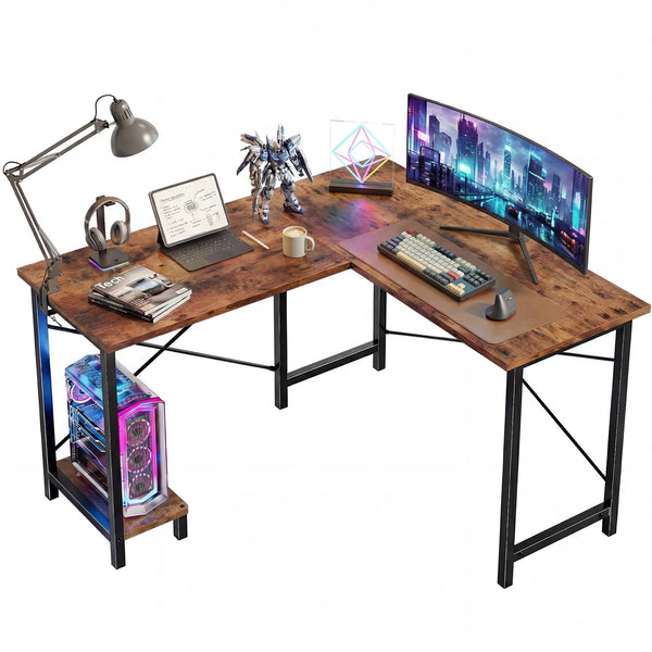 CONCETTA L Shaped Computer Desk with Reversible Storage Shelves, Corner Gaming Desk with PC Stand, Home Office Writing Study Table, Sturdy Metal Frame