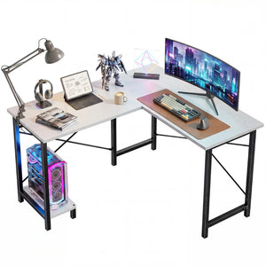 CONCETTA L Shaped Computer Desk with Reversible Storage Shelves, Corner Gaming Desk with PC Stand, Home Office Writing Study Table, Sturdy Metal Frame