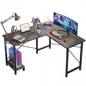 CONCETTA L Shaped Computer Desk with Reversible Storage Shelves, Corner Gaming Desk with PC Stand, Home Office Writing Study Table, Sturdy Metal Frame