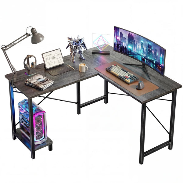 CONCETTA L Shaped Computer Desk with Reversible Storage Shelves, Corner Gaming Desk with PC Stand, Home Office Writing Study Table, Sturdy Metal Frame