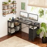 L Shaped Computer Desk with 3 Drawers, Power Outlets, USB Ports, and Monitor Stand, Corner Gaming Desk for Home Office