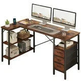 L Shaped Computer Desk with 3 Drawers, Power Outlets, USB Ports, and Monitor Stand, Corner Gaming Desk for Home Office