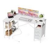 L Shaped Computer Desk with 3 Drawers, Power Outlets, USB Ports, and Monitor Stand, Corner Gaming Desk for Home Office
