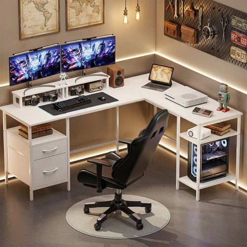 CONCETTA 65 inch Modern L-Shaped Computer Desk with Power Outlet, Reversible Gaming Desk with Fabric Drawer & 2 Monitor Stands for Home Office
