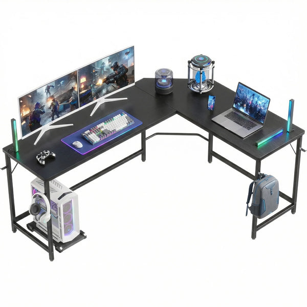 CONCETTA L Shaped Computer Desk with Reversible Storage Shelves, Corner Gaming Desk with PC Stand, Home Office Writing Study Table, Sturdy Metal Frame