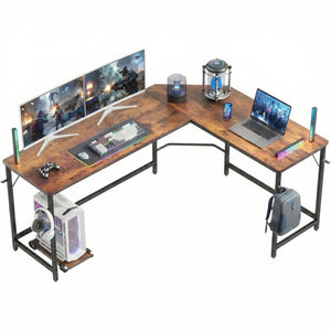 CONCETTA L Shaped Computer Desk with Reversible Storage Shelves, Corner Gaming Desk with PC Stand, Home Office Writing Study Table, Sturdy Metal Frame