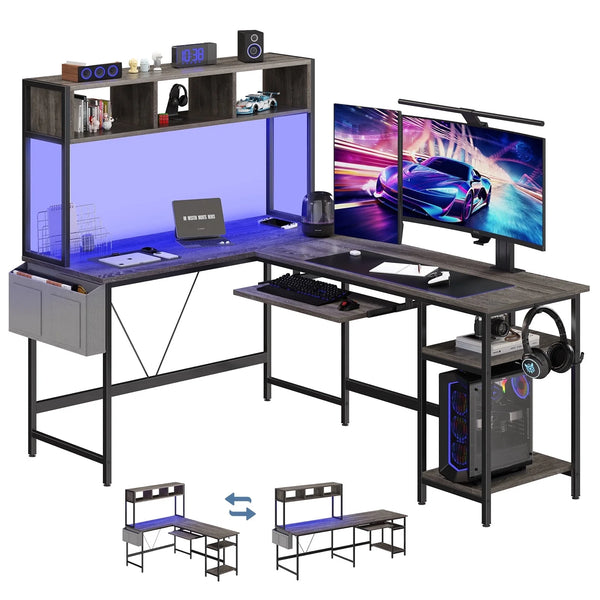 67" Reversible L-Shaped Desk with LED Lights, Power Outlets, Drawer, Keyboard Tray & Hutch