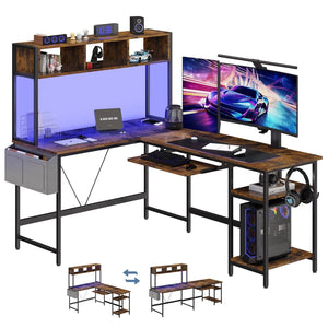 67" Reversible L-Shaped Desk with LED Lights, Power Outlets, Drawer, Keyboard Tray & Hutch