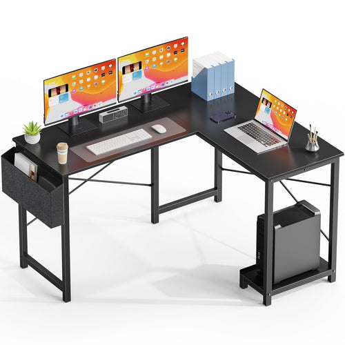 CONCETTA 49 Inch Modern L Shaped Computer Desk with Lower Storage Shelf & Side Bag, Two-Way Convertible Corner Gaming Table for Home Office