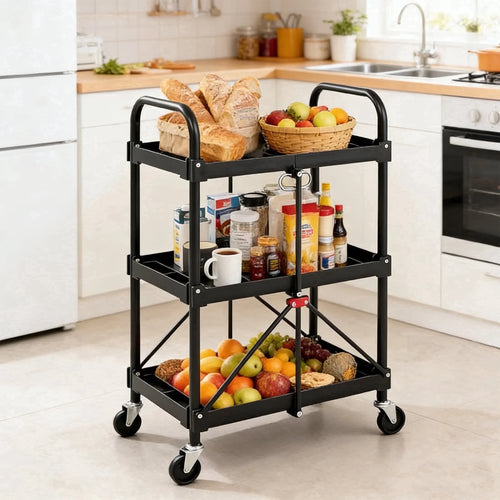 CONCETTA 3-Tier Portable Multifunctional Cart With Wheels, Supports Up To 120 Lbs, Heavy-Duty Foldable Cart, Suitable For Home, Office, Kitchen, And Storage, Black