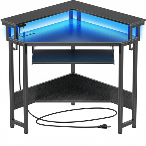 CONCETTA 31" Coner Desk & L-Shaped Computer Desk with Power Outlets, LED Lights, Monitor Stand & Keyboard Tray