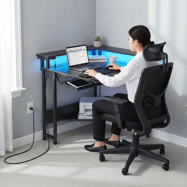 CONCETTA 31" Coner Desk & L-Shaped Computer Desk with Power Outlets, LED Lights, Monitor Stand & Keyboard Tray
