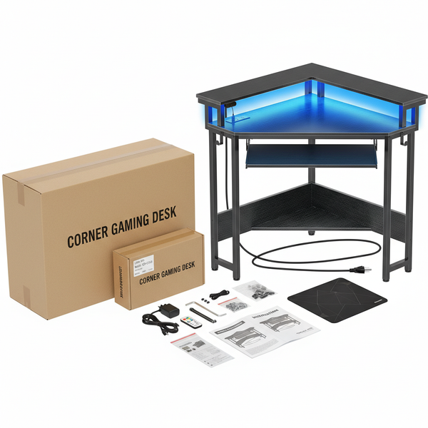 CONCETTA 31" Coner Desk & L-Shaped Computer Desk with Power Outlets, LED Lights, Monitor Stand & Keyboard Tray