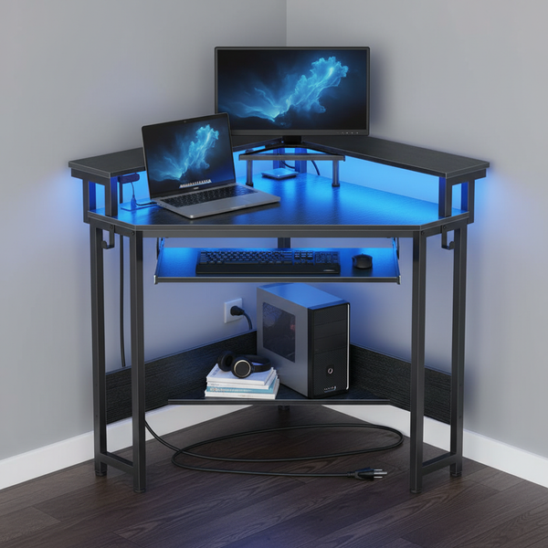 CONCETTA 31" Coner Desk & L-Shaped Computer Desk with Power Outlets, LED Lights, Monitor Stand & Keyboard Tray