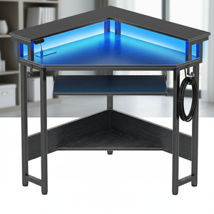 CONCETTA 31" Coner Desk & L-Shaped Computer Desk with Power Outlets, LED Lights, Monitor Stand & Keyboard Tray