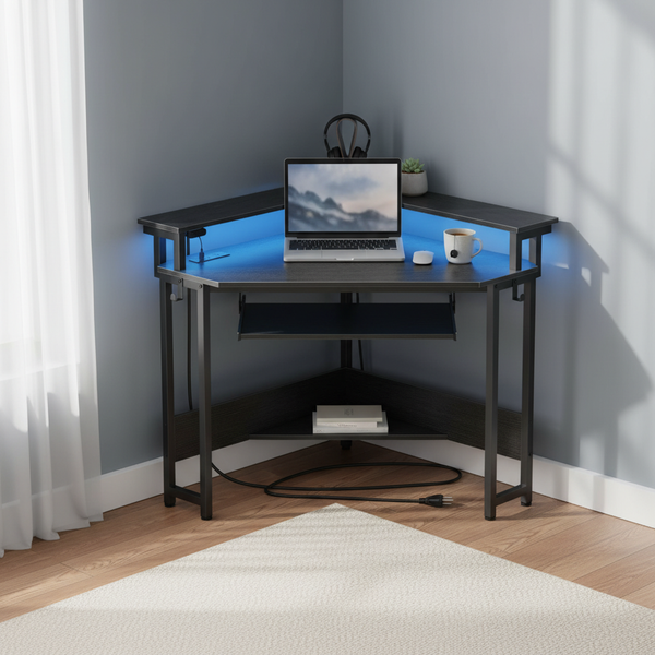 CONCETTA 31" Coner Desk & L-Shaped Computer Desk with Power Outlets, LED Lights, Monitor Stand & Keyboard Tray